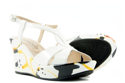 White patent wedges with yellow